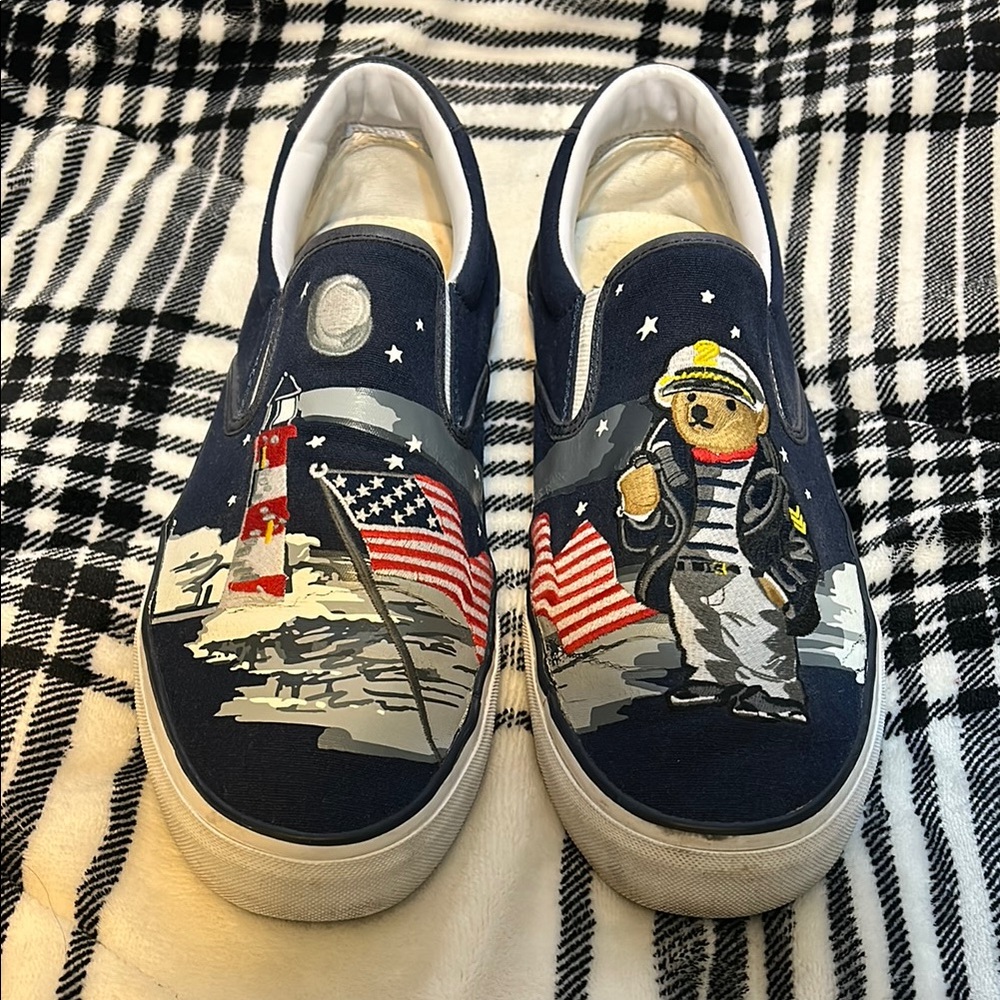 Polo Ralph Lauren Thompson 13M Navy Slip-On Shoes Bear & US Flag Design